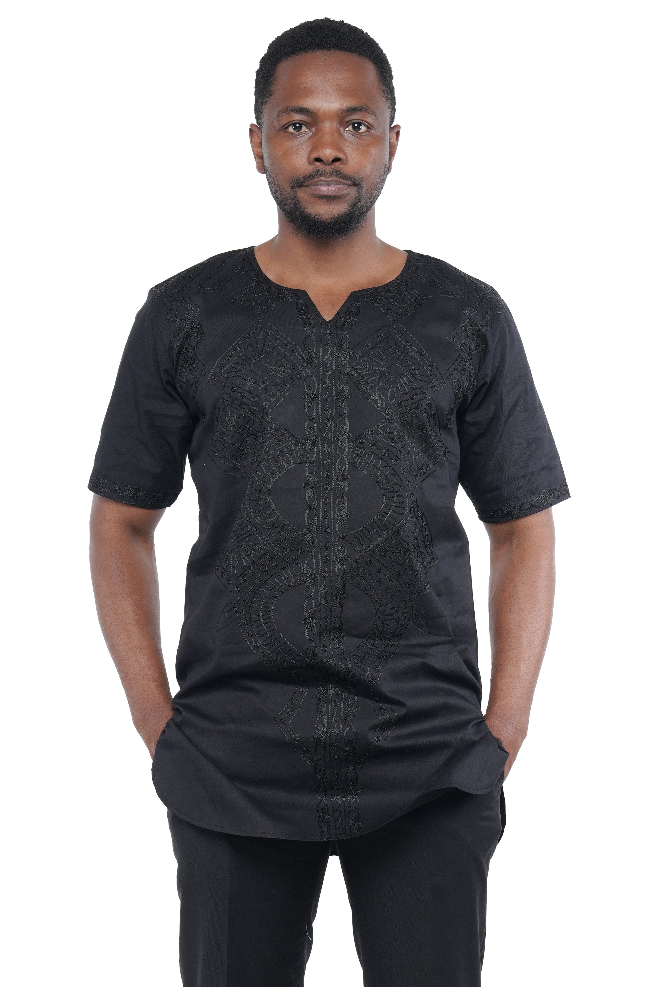 Black Embroidered Long Dashiki Shirt For Men