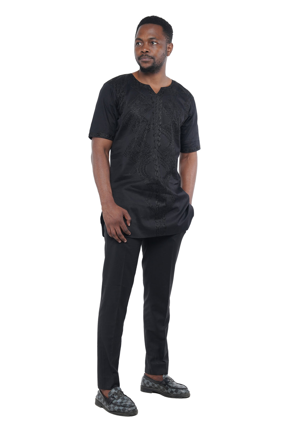 Black Embroidered Long Dashiki Shirt For Men