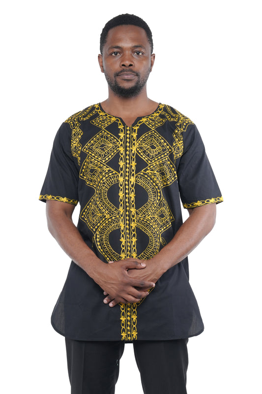 Black Gold Embroidered Long Dashiki Shirt For Men