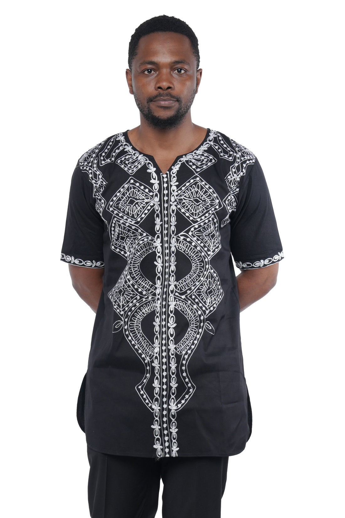 Black White Embroidered Long Dashiki Shirt For Men