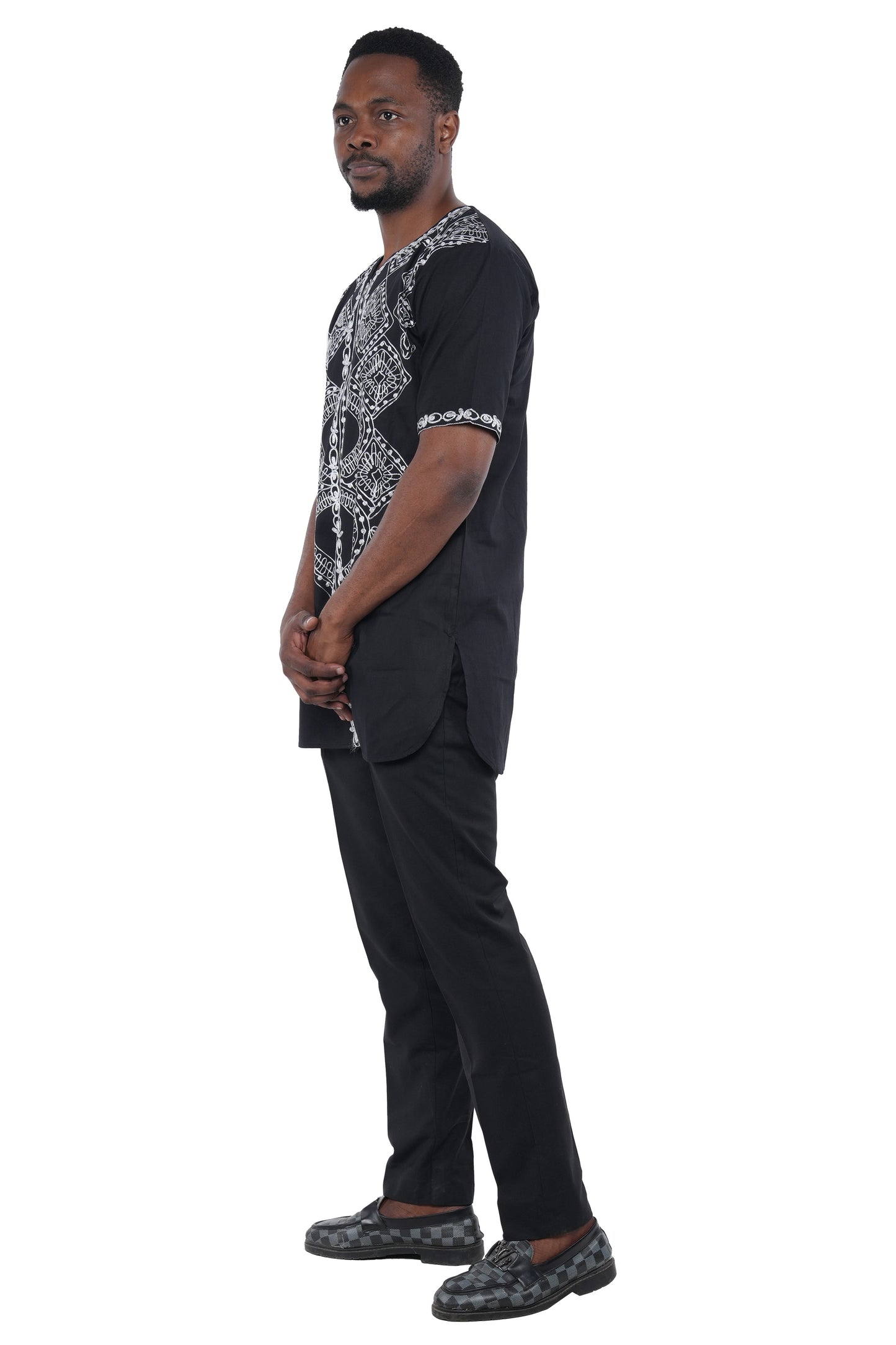 Black White Embroidered Long Dashiki Shirt For Men