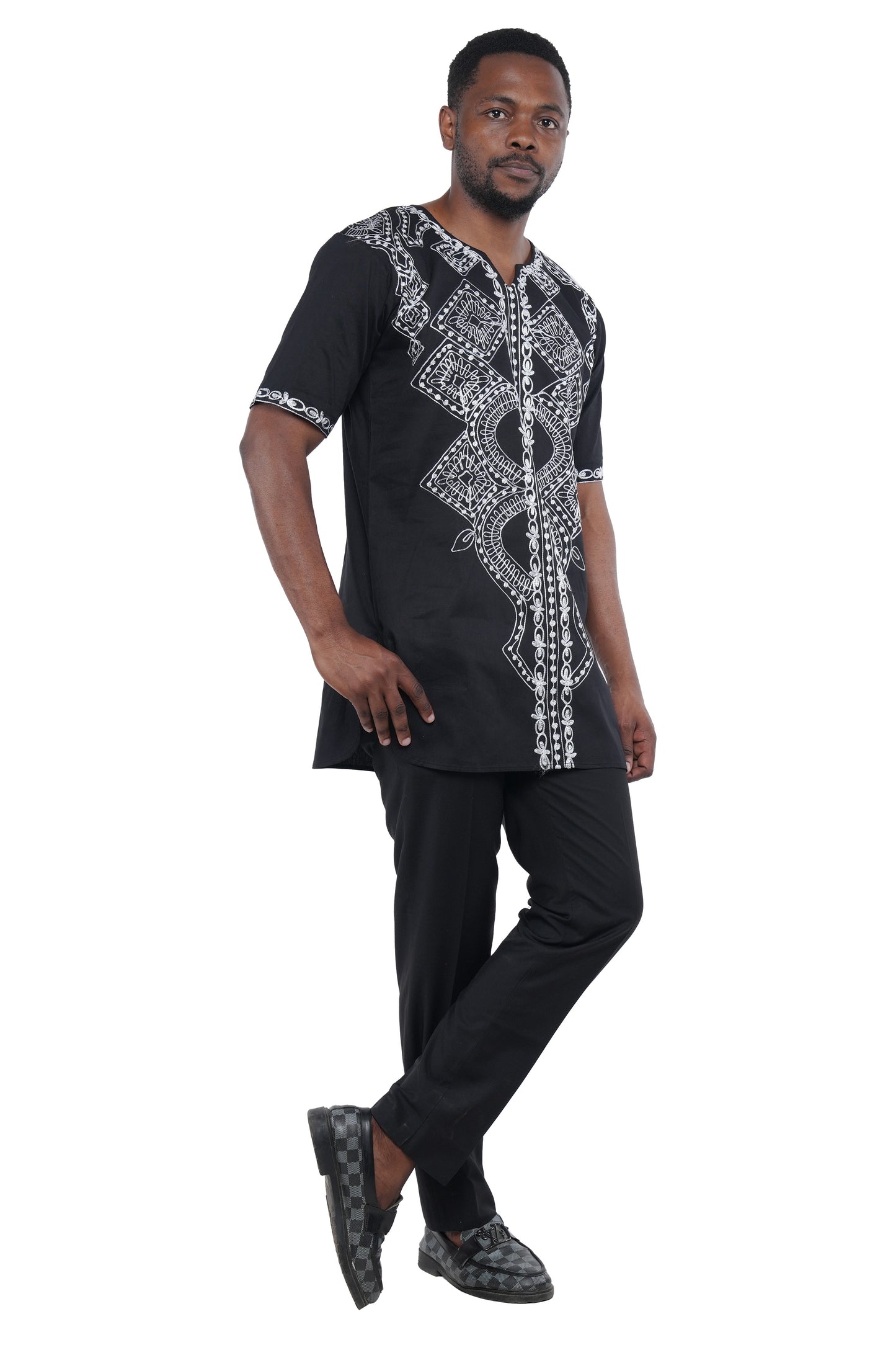 Black White Embroidered Long Dashiki Shirt For Men