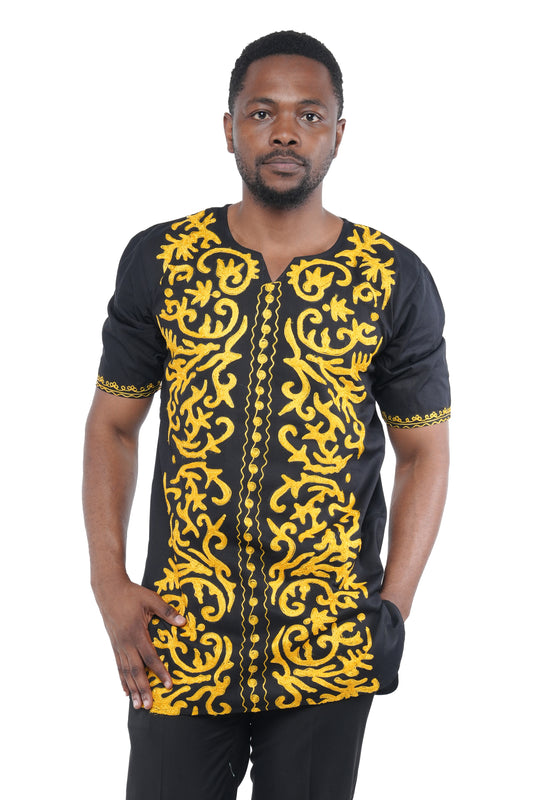 Black Gold Embroidered Long Dashiki Shirt For Men