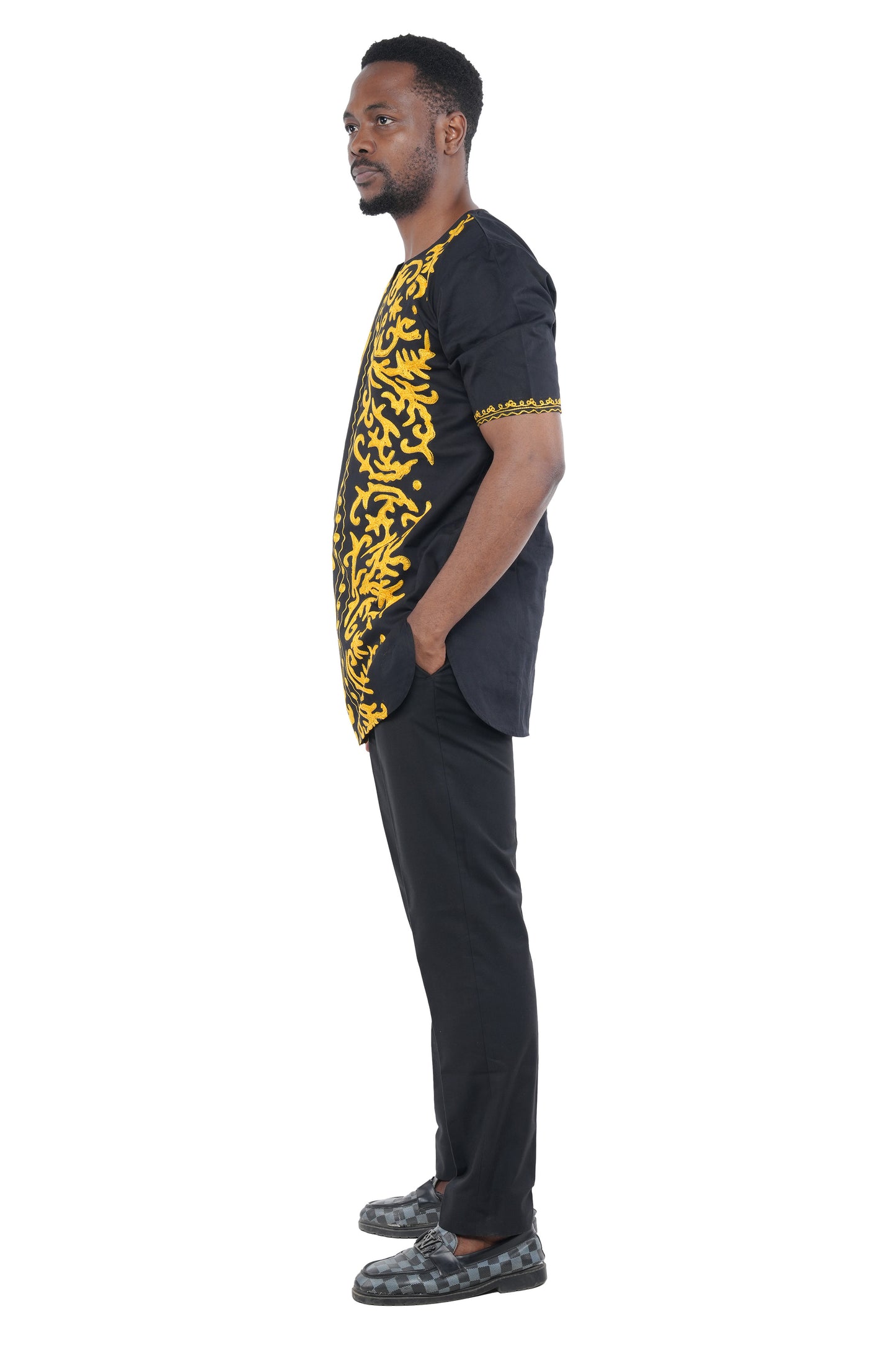 Black Gold Embroidered Long Dashiki Shirt For Men