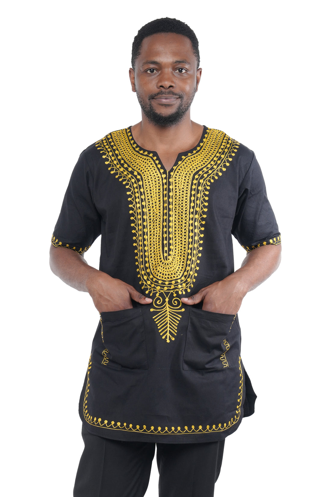 Black Gold Embroidered Long Dashiki Shirt For Men
