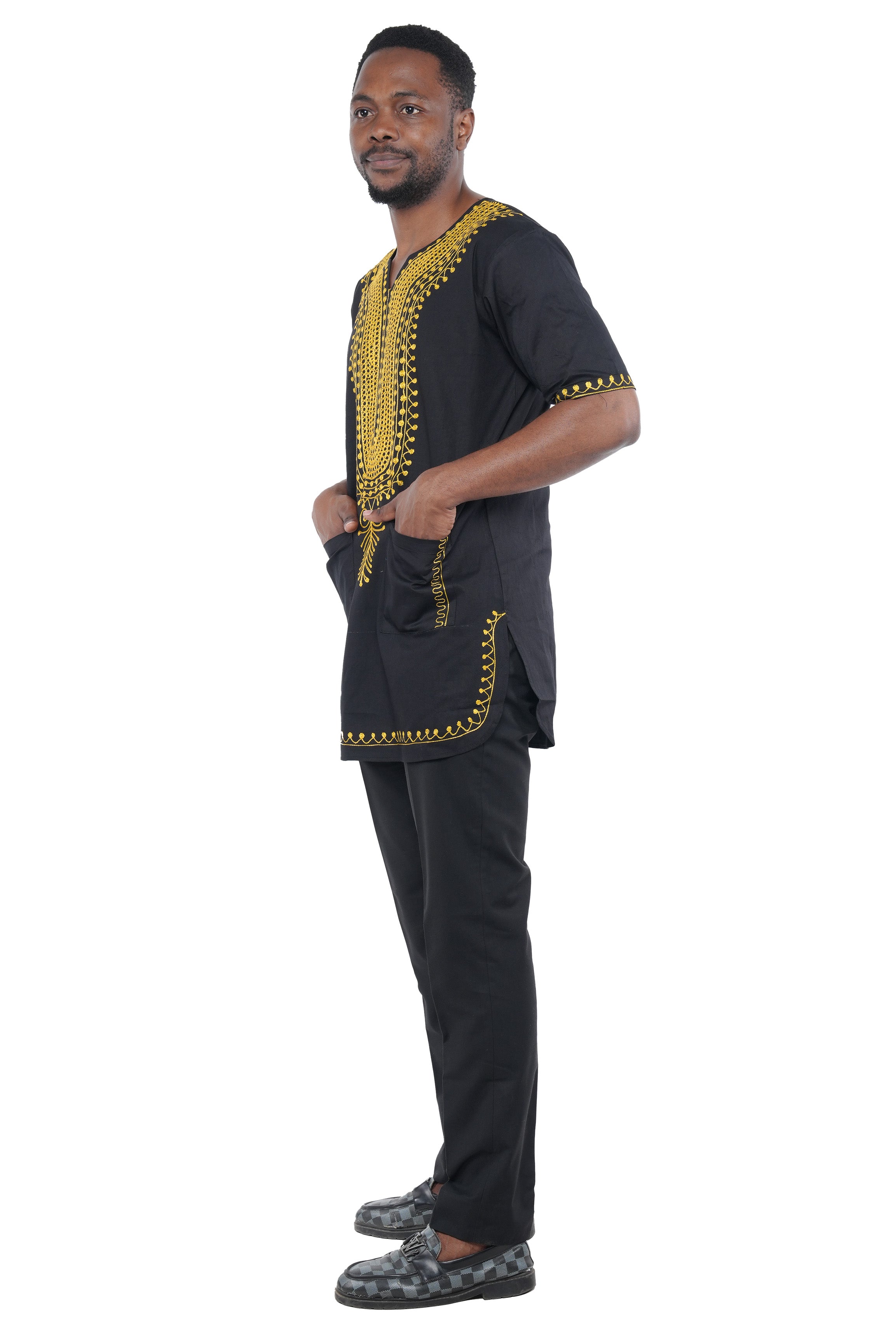 Black Gold Embroidered Long Dashiki Shirt For Men