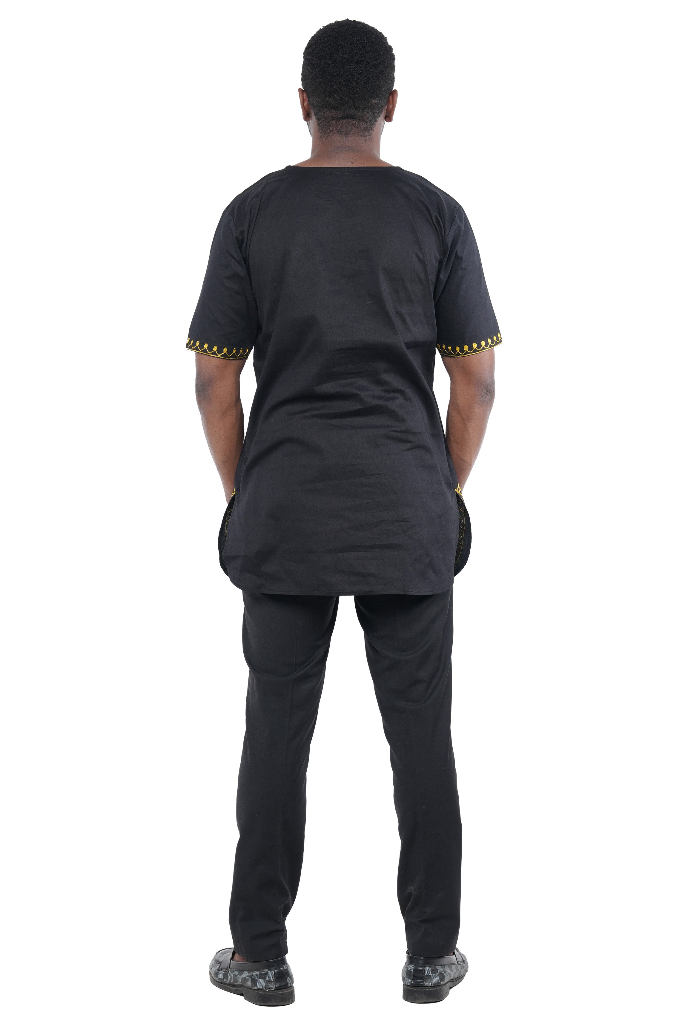 Black Gold Embroidered Long Dashiki Shirt For Men