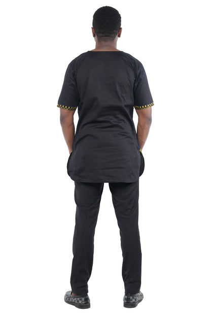 Black Gold Embroidered Long Dashiki Shirt For Men