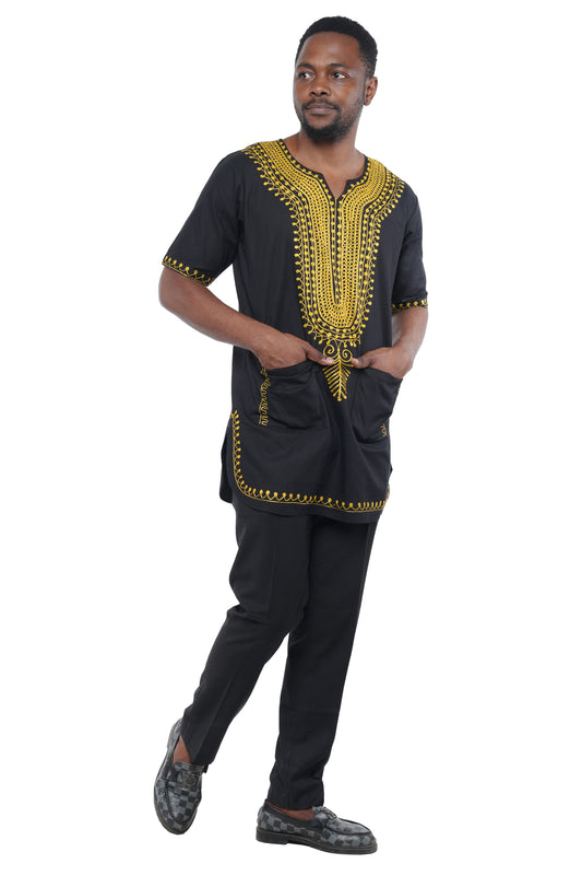 Black Gold Embroidered Long Dashiki Shirt For Men