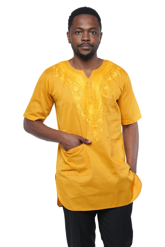 Mustard Embroidered Long Dashiki Shirt For Men