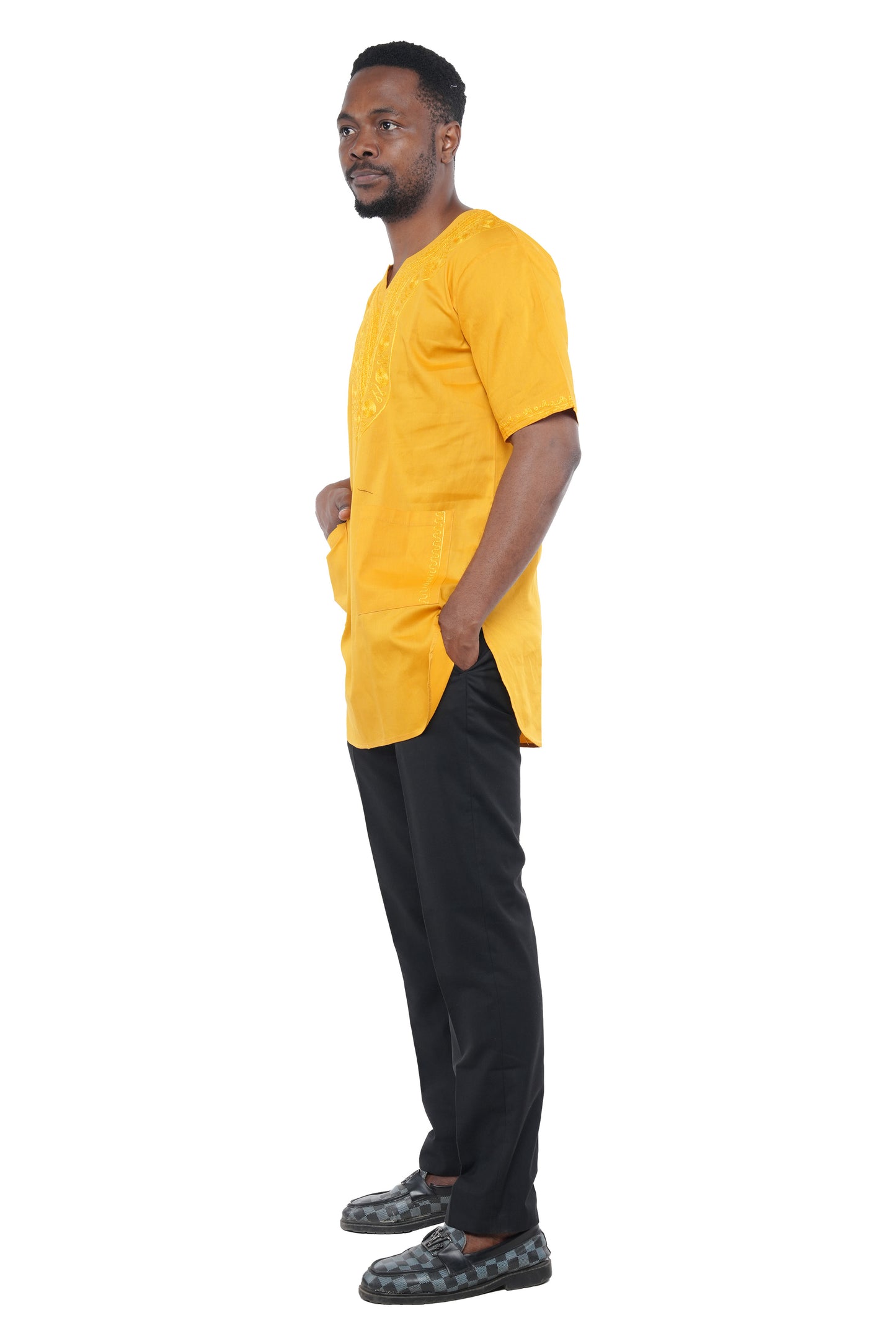 Mustard Embroidered Long Dashiki Shirt For Men