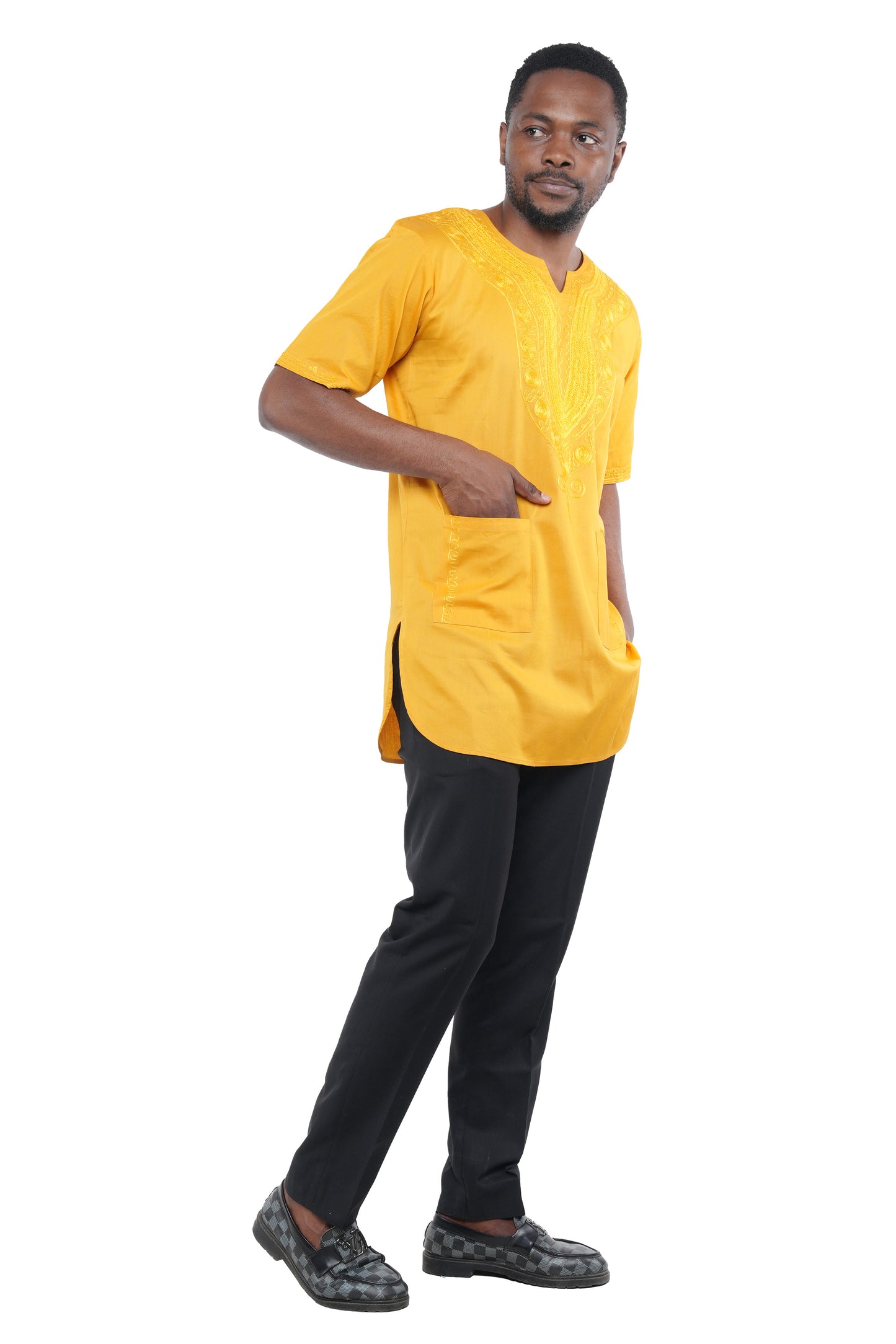 Mustard Embroidered Long Dashiki Shirt For Men