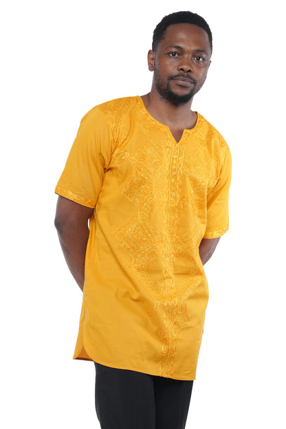 Mustard Embroidered Long Dashiki Shirt For Men