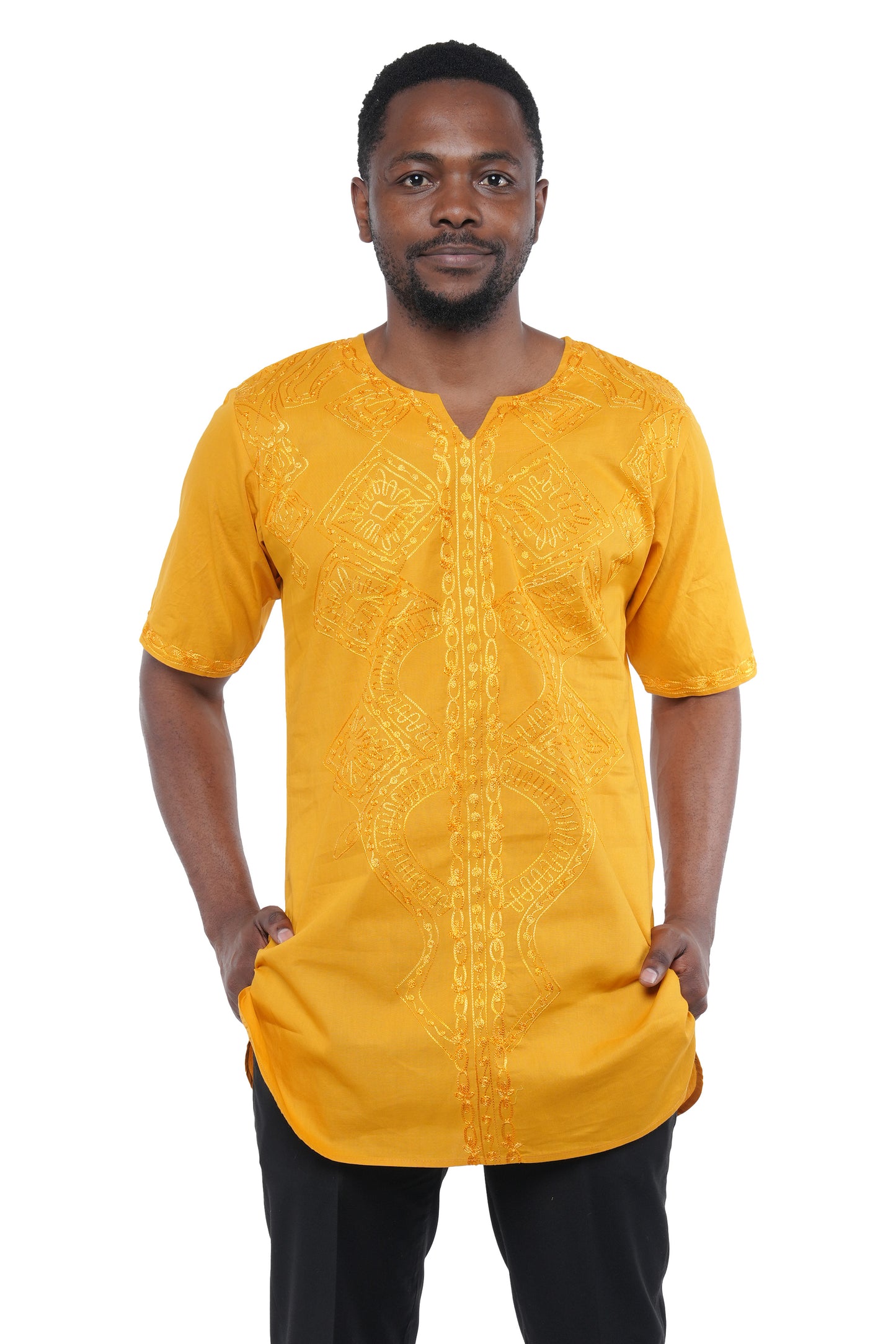 Mustard Embroidered Long Dashiki Shirt For Men