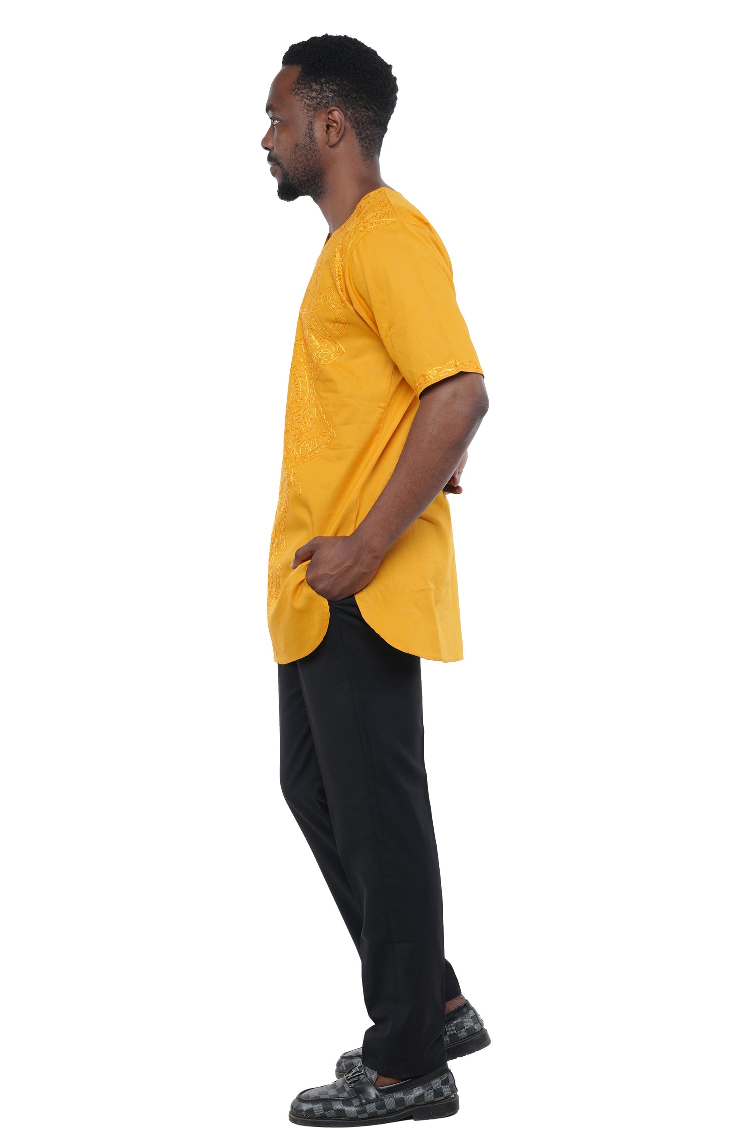 Mustard Embroidered Long Dashiki Shirt For Men