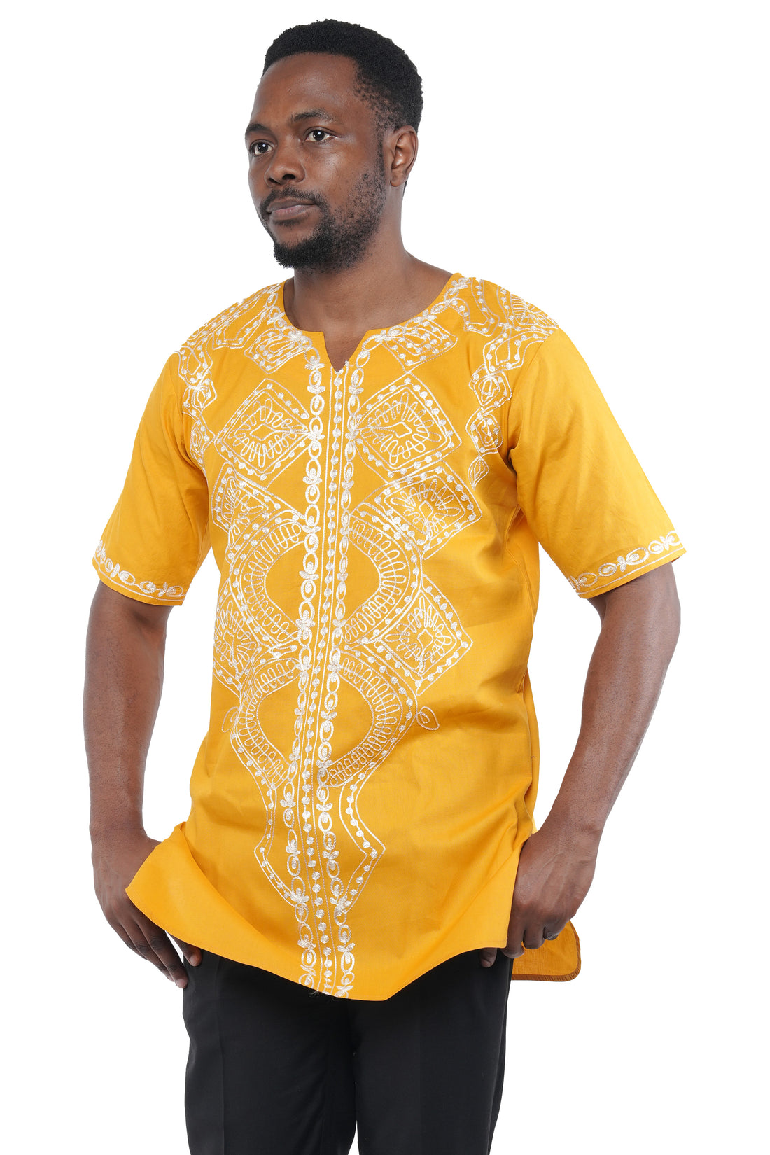 Mustard Embroidered Long Dashiki Shirt For Men