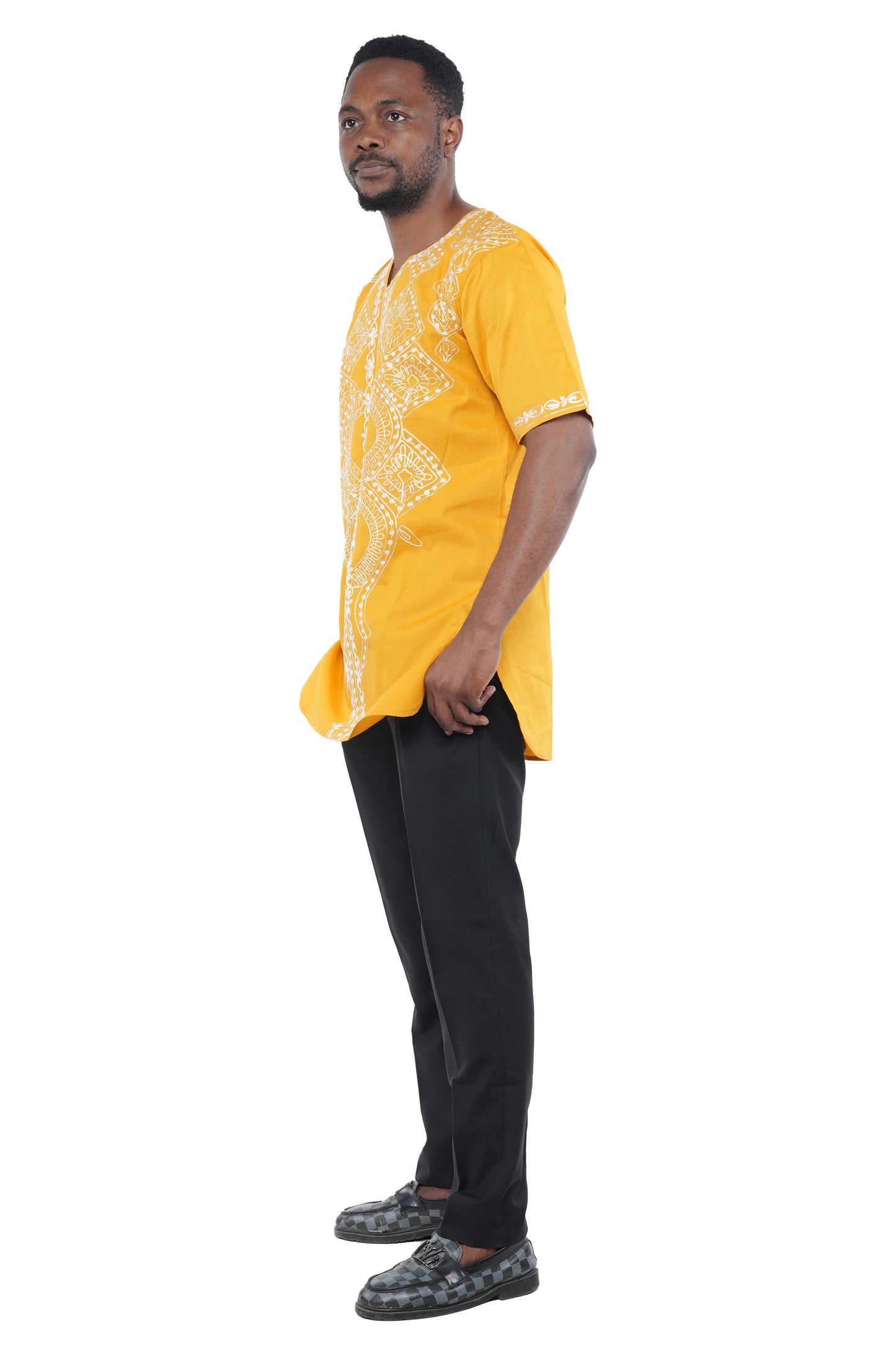 Mustard Embroidered Long Dashiki Shirt For Men