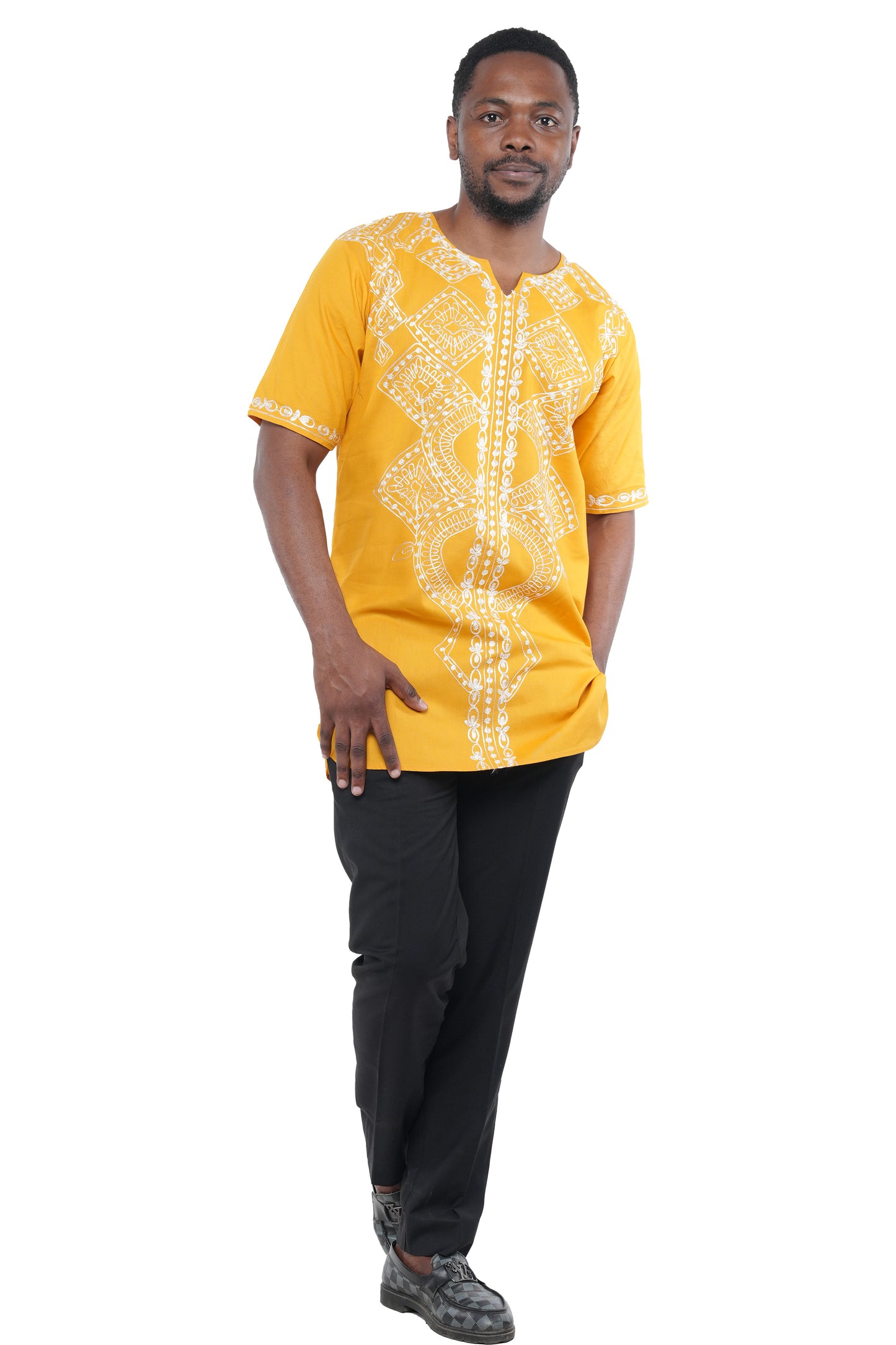 Mustard Embroidered Long Dashiki Shirt For Men