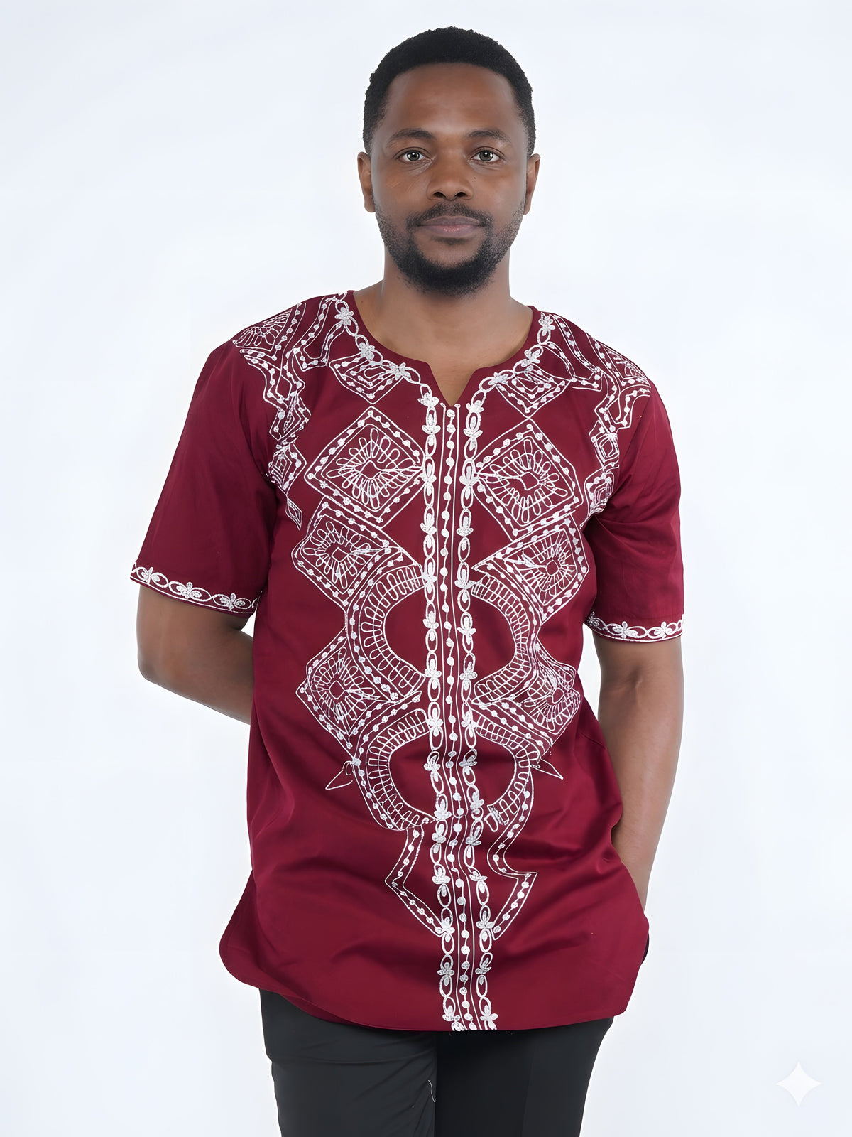 Maroon and White Embroidered Shirts For Men