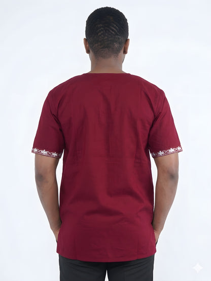 Maroon and White Embroidered Shirts For Men