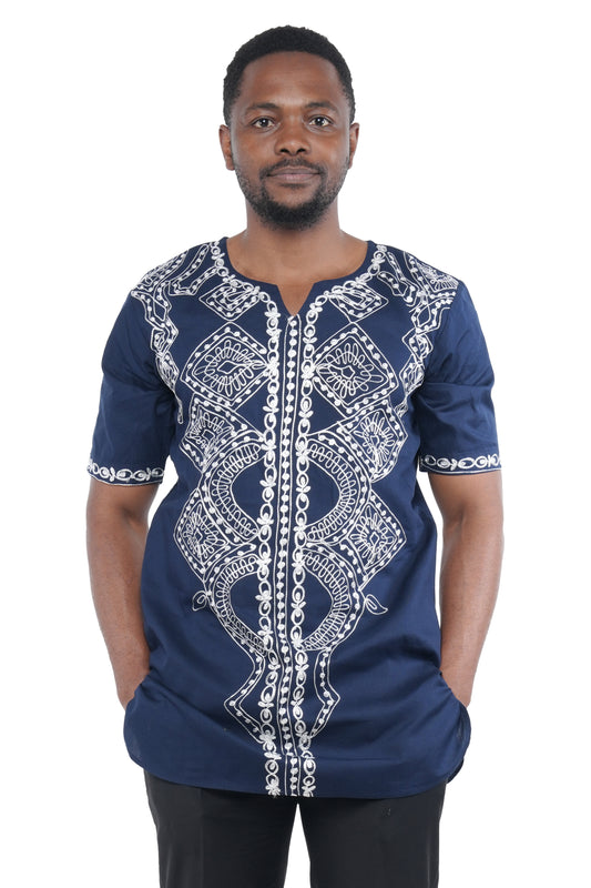 Blue White Embroidered Long Dashiki Shirt For Men