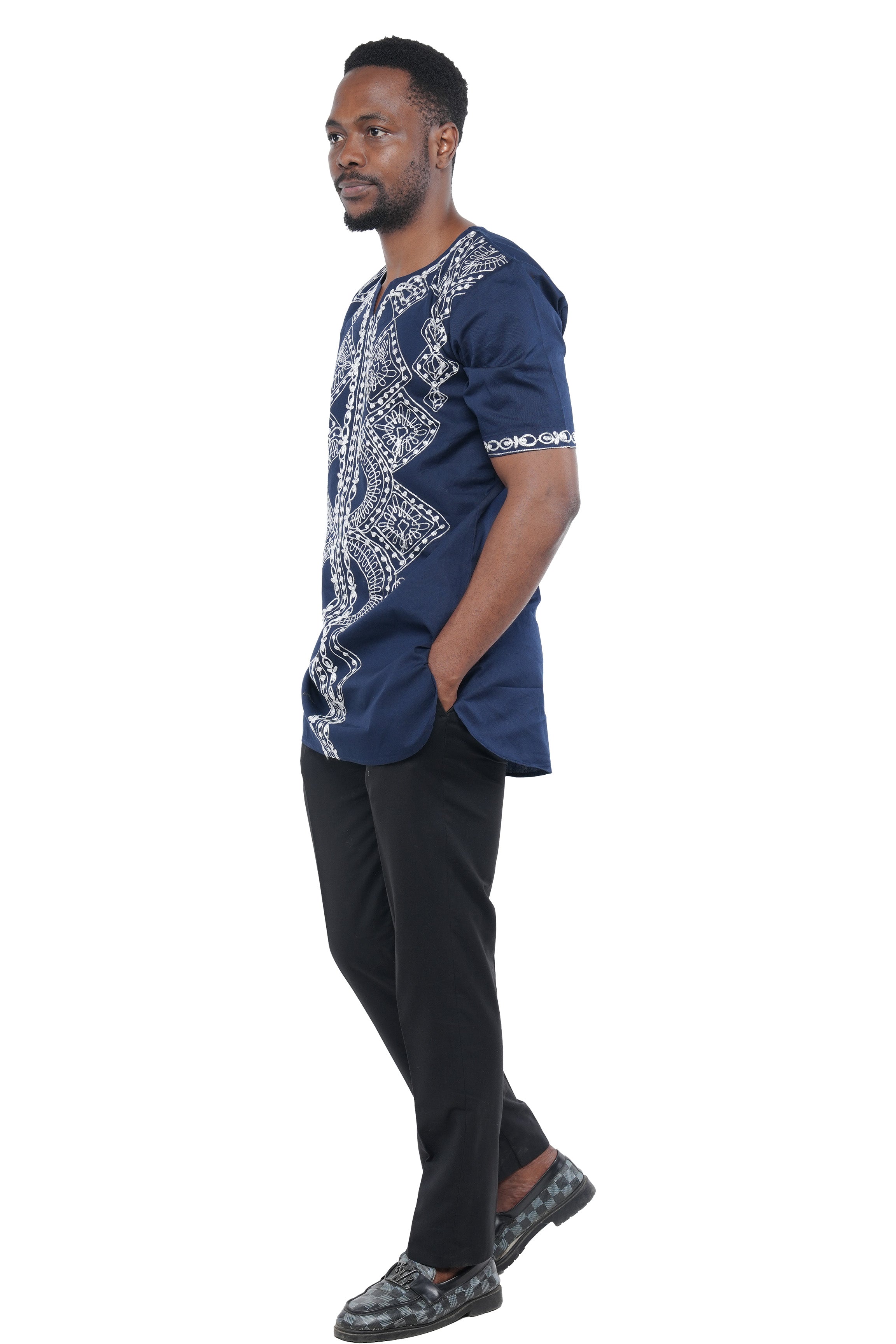 Blue White Embroidered Long Dashiki Shirt For Men