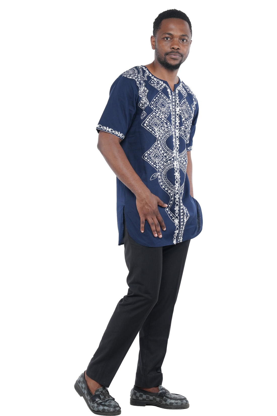 Blue White Embroidered Long Dashiki Shirt For Men