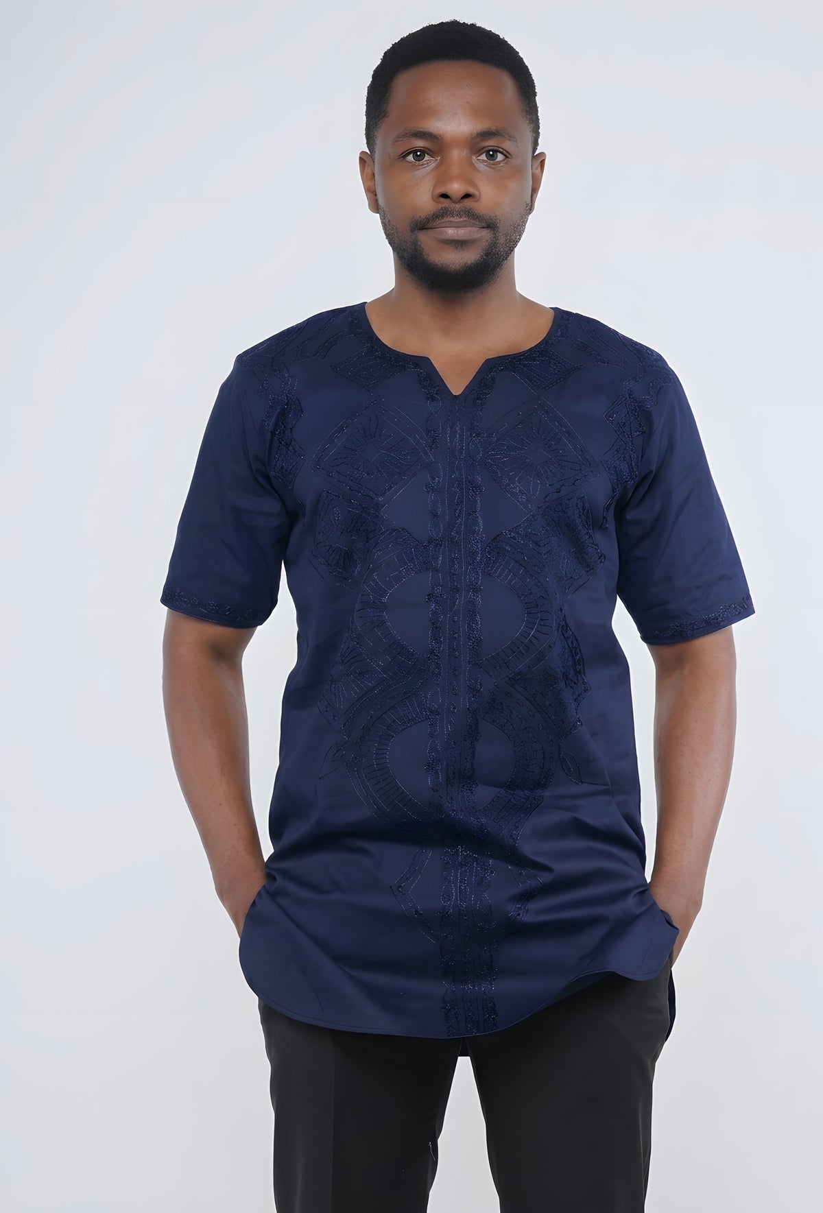 Navy Blue Embroidered Dashiki For Men