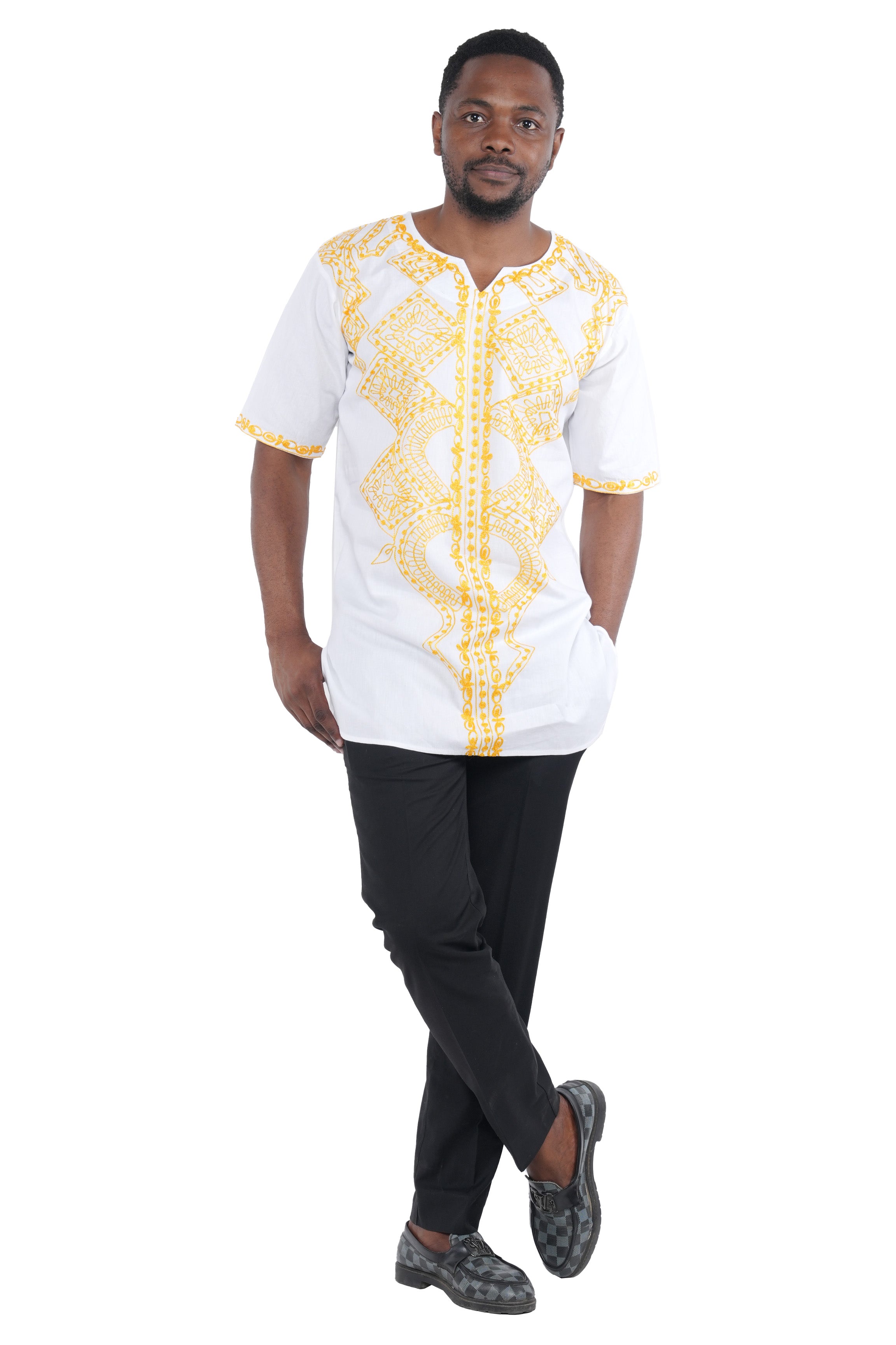 White Gold Embroidered Long Dashiki Shirt For Men