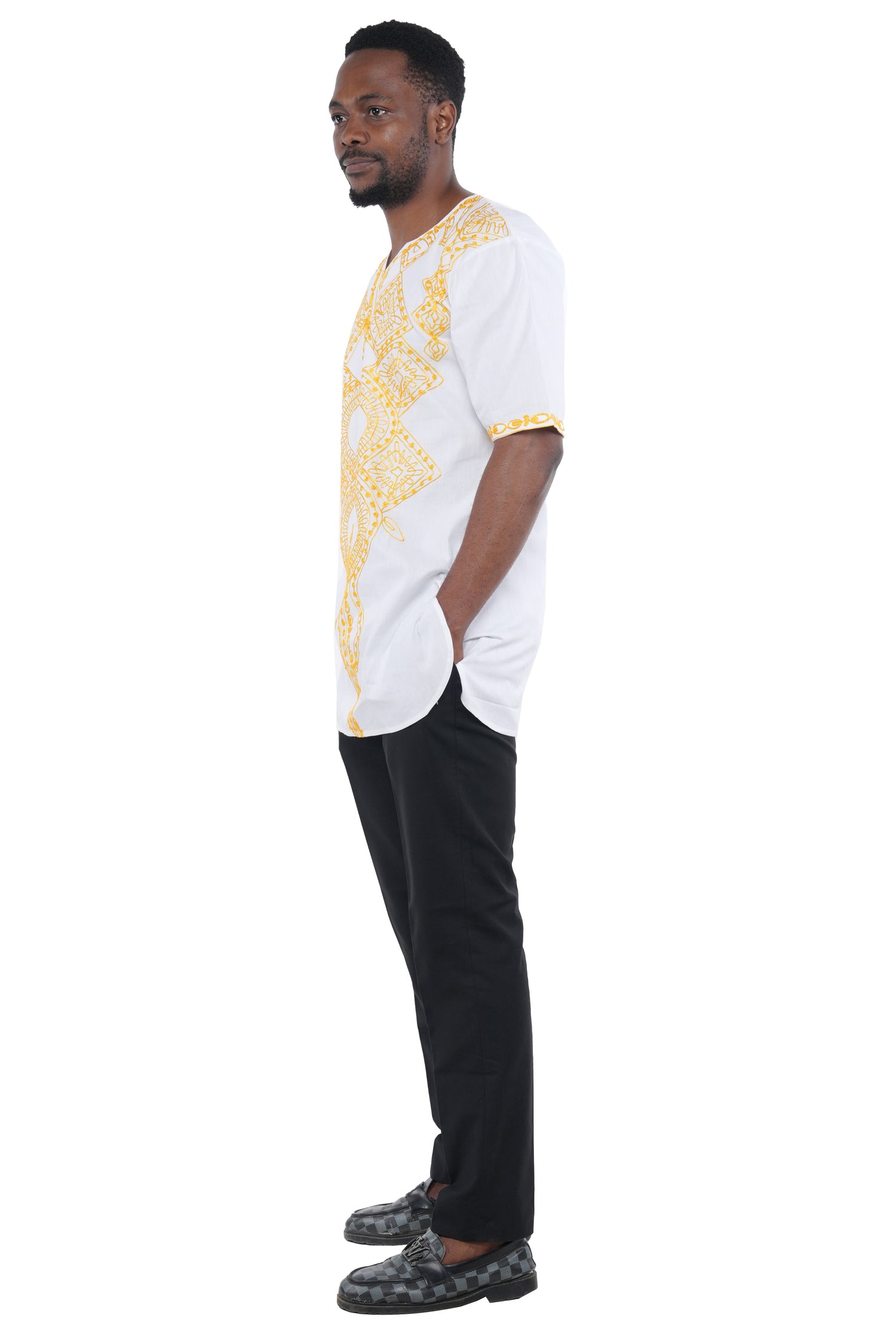 White Gold Embroidered Long Dashiki Shirt For Men