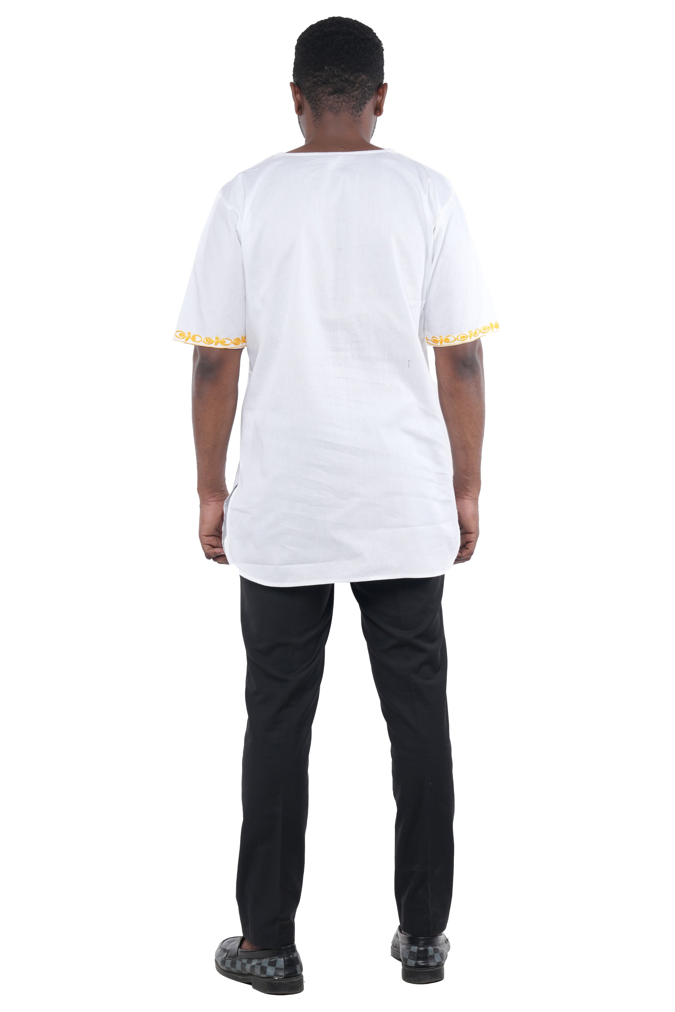 White Gold Embroidered Long Dashiki Shirt For Men