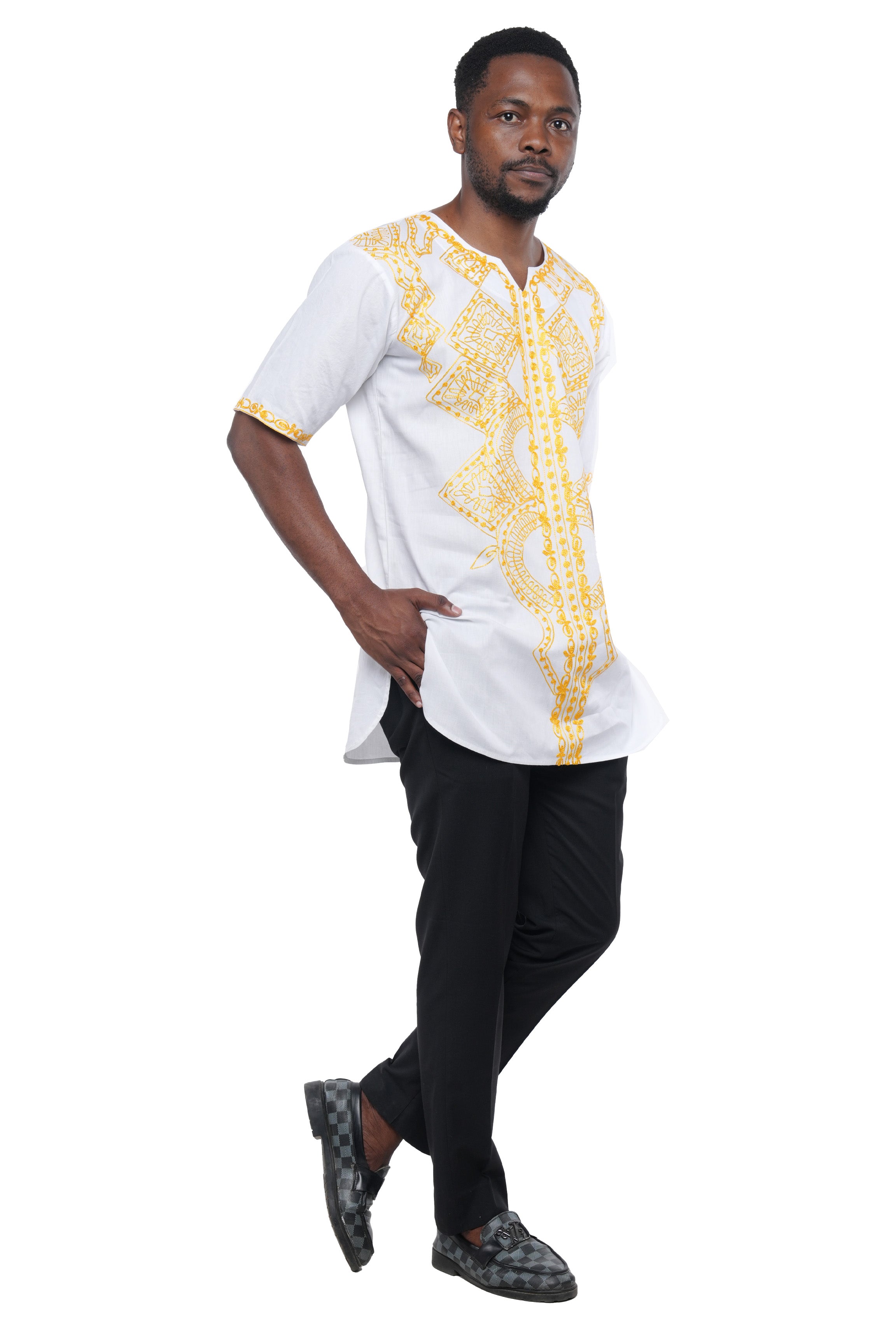 White Gold Embroidered Long Dashiki Shirt For Men Satsuma African Clothing