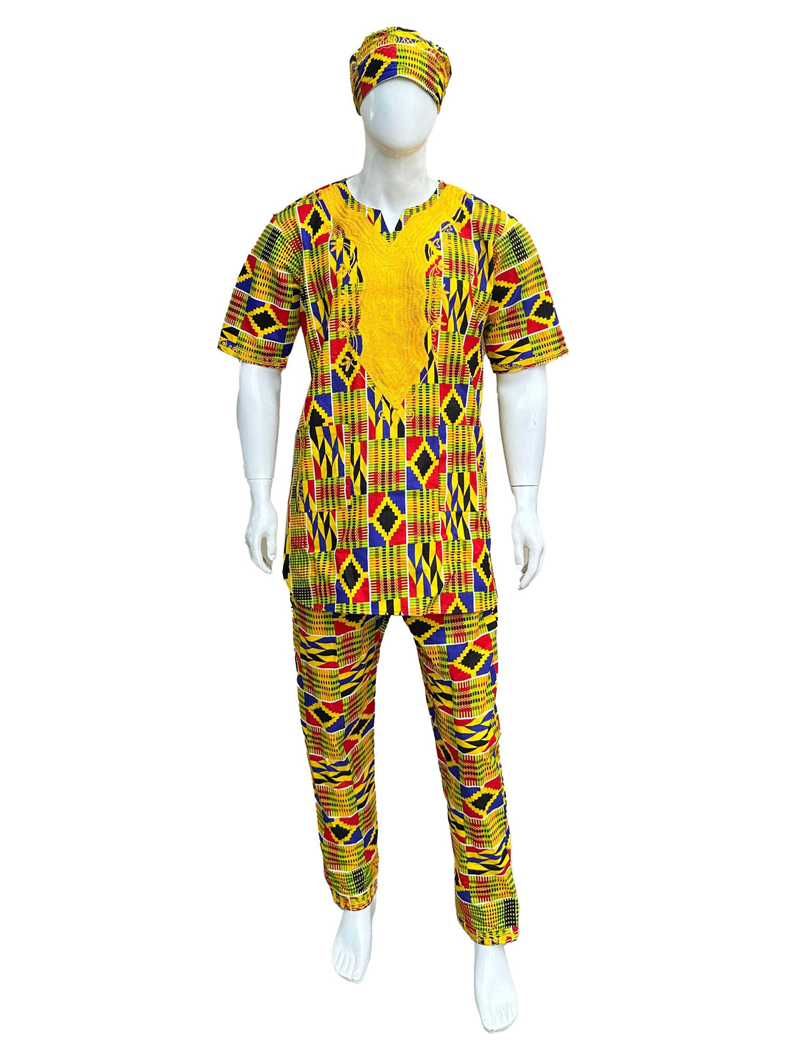 Men’s African Embroidered Top &amp; Pant Set w/ Hat – 2pc Outfit M–5XL