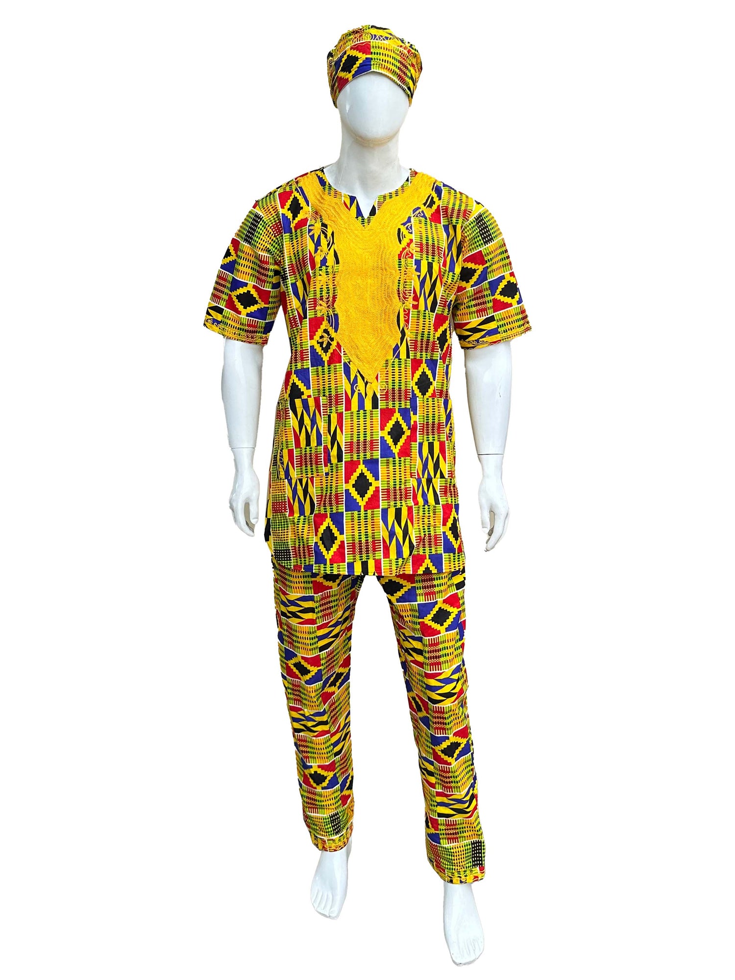 Men’s African Embroidered Top &amp; Pant Set w/ Hat – 2pc Outfit M–5XL