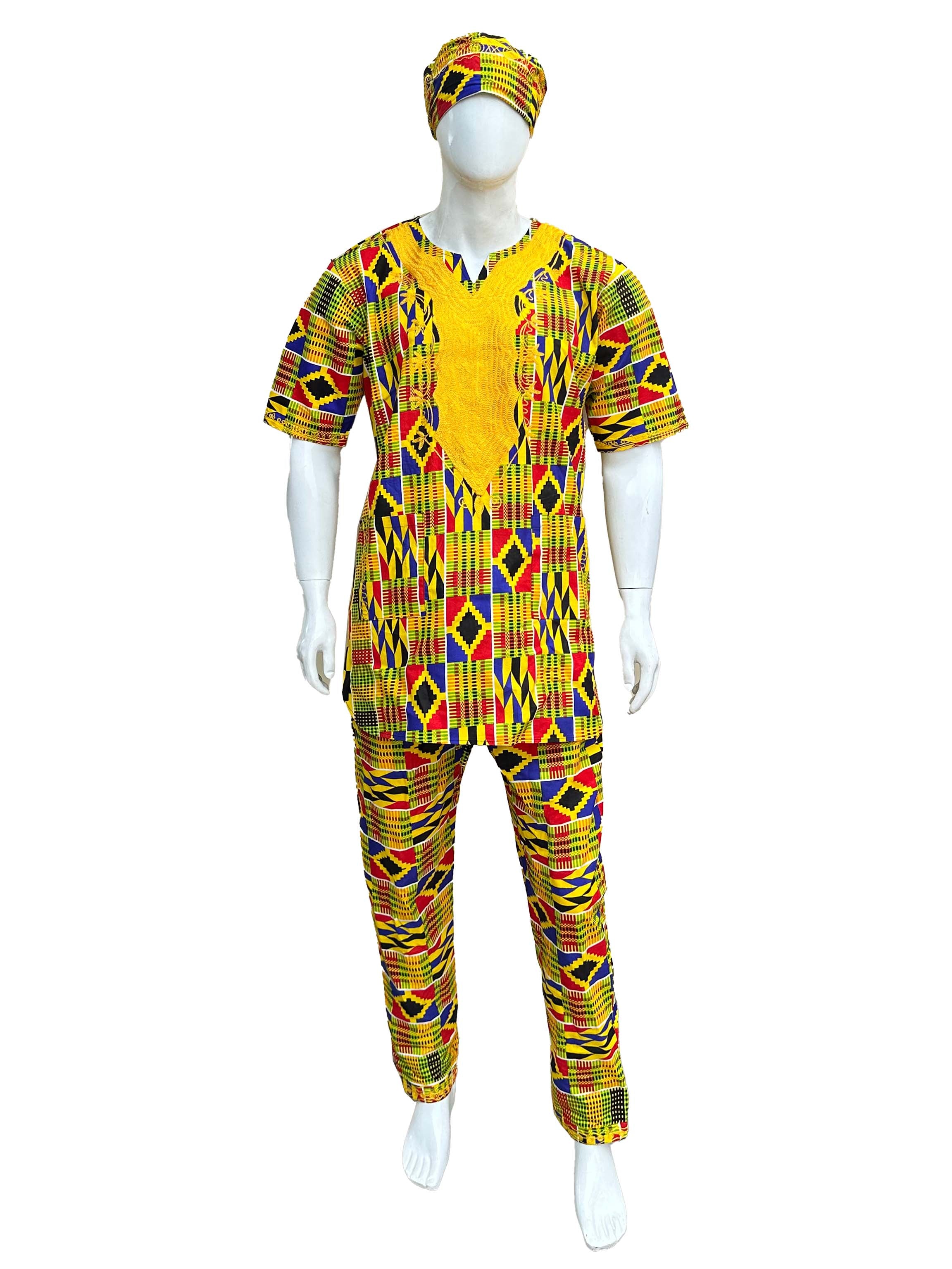 Men’s African Embroidered Top &amp; Pant Set w/ Hat – 2pc Outfit M–5XL