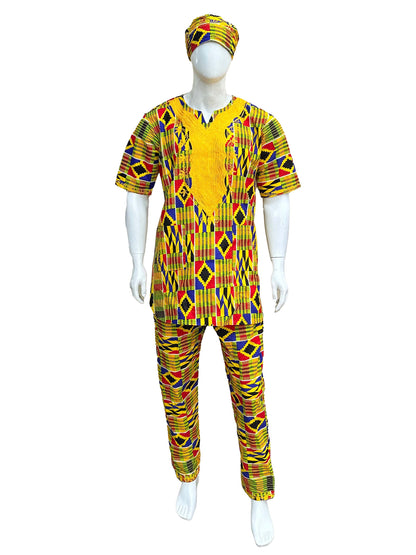 Men’s African Embroidered Top &amp; Pant Set w/ Hat – 2pc Outfit M–5XL