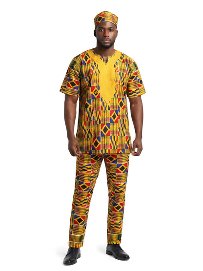 Men’s African Embroidered Top &amp; Pant Set w/ Hat – 2pc Outfit M–5XL