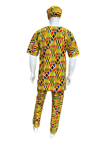 Men’s African Embroidered Top &amp; Pant Set w/ Hat – 2pc Outfit M–5XL