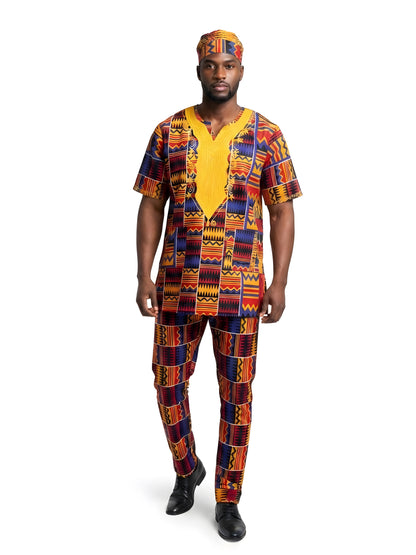 Men’s African Embroidered Top &amp; Pant Set w/ Hat – 3 pc Outfit 5XL