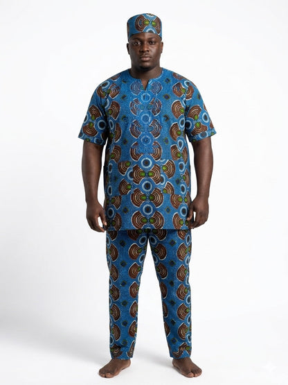Men’s African Print 3-Piece Set – Embroidered Cotton Top, Pants &amp; Hat | Traditional Dashiki Outfit