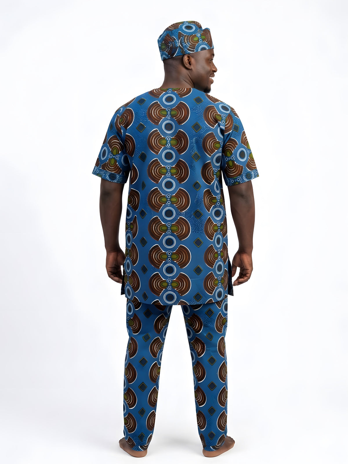 Men’s African Print 3-Piece Set – Embroidered Cotton Top, Pants &amp; Hat | Traditional Dashiki Outfit