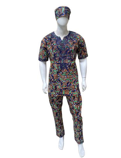 Men’s African Print 3-Piece Set – Embroidered Cotton Top, Pants &amp; Hat | Traditional Dashiki Outfit