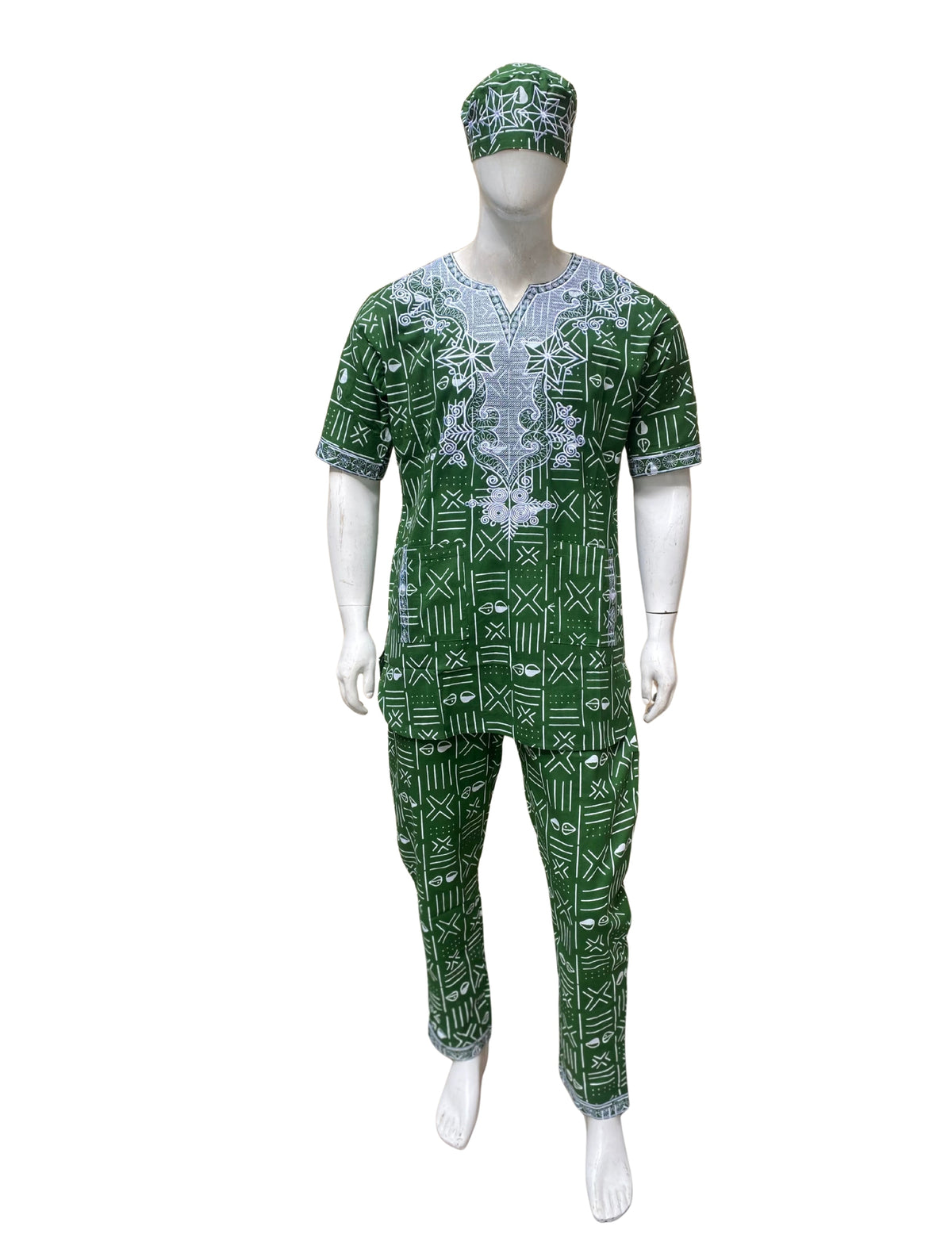 Men’s African Print 3-Piece Set – Embroidered Cotton Top, Pants &amp; Hat | Traditional Dashiki Outfit