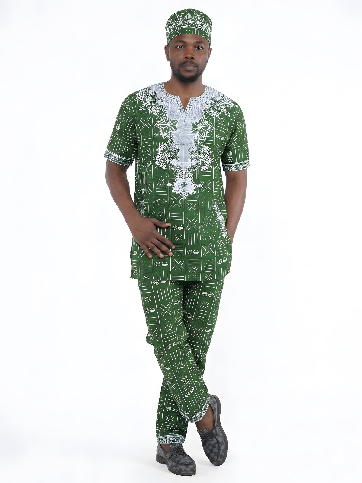 Men’s African Print 3-Piece Set – Embroidered Cotton Top, Pants &amp; Hat | Traditional Dashiki Outfit