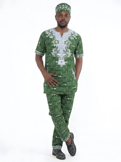 Men’s African Print 3-Piece Set – Embroidered Cotton Top, Pants &amp; Hat | Traditional Dashiki Outfit