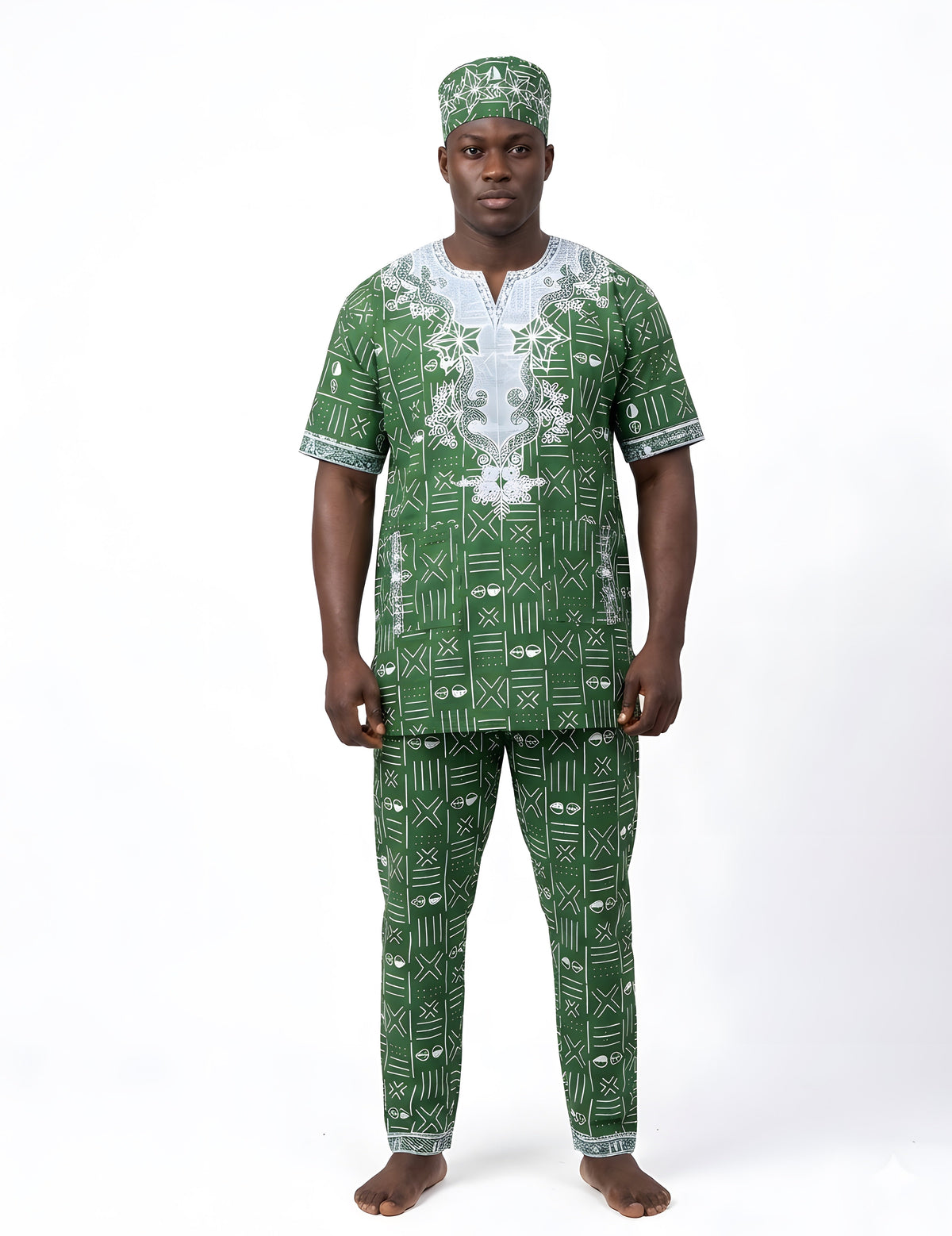 Men’s African Print 3-Piece Set – Embroidered Cotton Top, Pants &amp; Hat | Traditional Dashiki Outfit