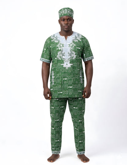 Men’s African Print 3-Piece Set – Embroidered Cotton Top, Pants &amp; Hat | Traditional Dashiki Outfit