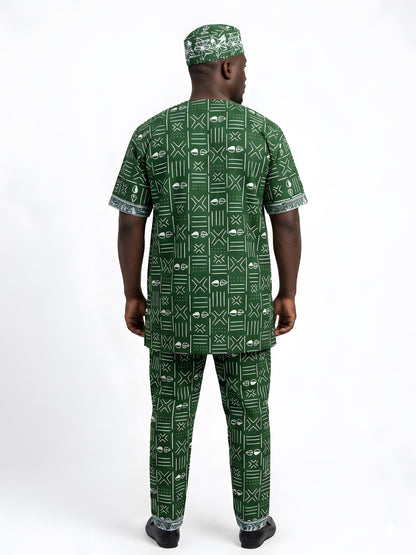 Men’s African Print 3-Piece Set – Embroidered Cotton Top, Pants &amp; Hat | Traditional Dashiki Outfit