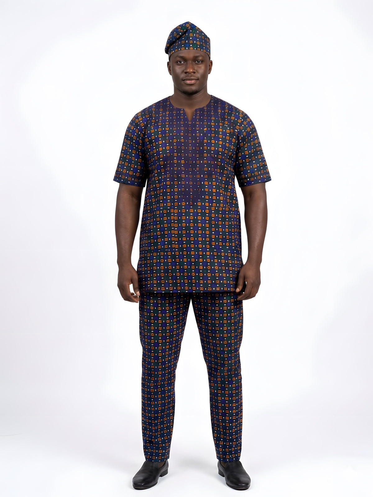 Men’s African Print 3-Piece Set – Embroidered Cotton Top, Pants &amp; Hat | Traditional Dashiki Outfit