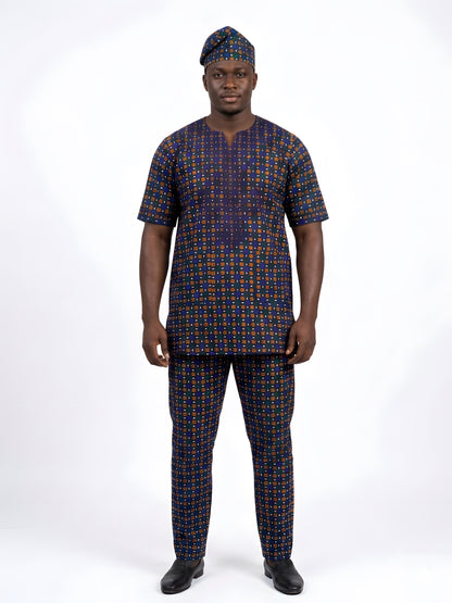 Men’s African Print 3-Piece Set – Embroidered Cotton Top, Pants &amp; Hat | Traditional Dashiki Outfit